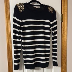 Loft Maternity Black and White Striped Sweater with Gold Embellishments